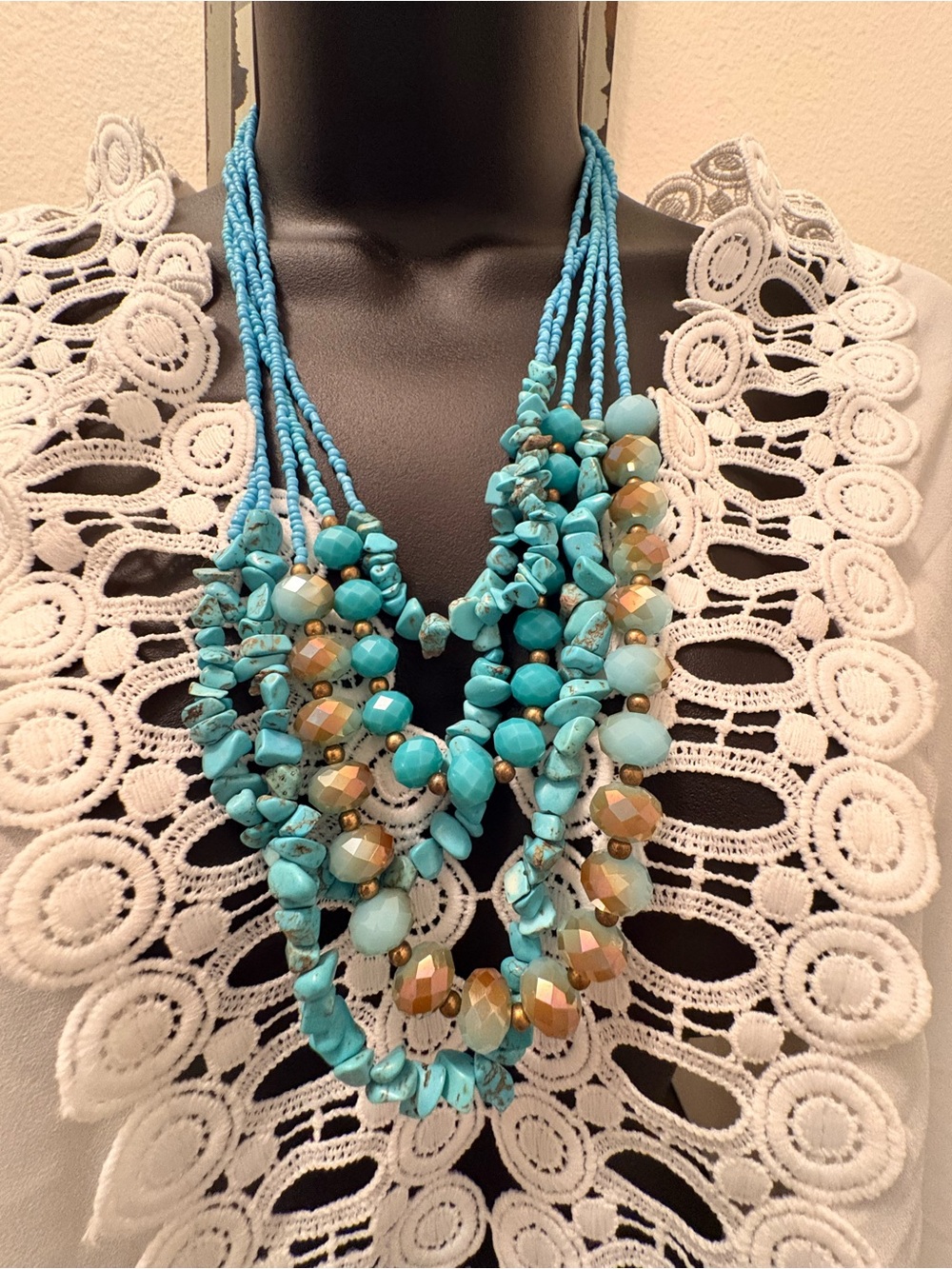 Turquoise Blue Stone Multi Strand Boho Statement Necklace